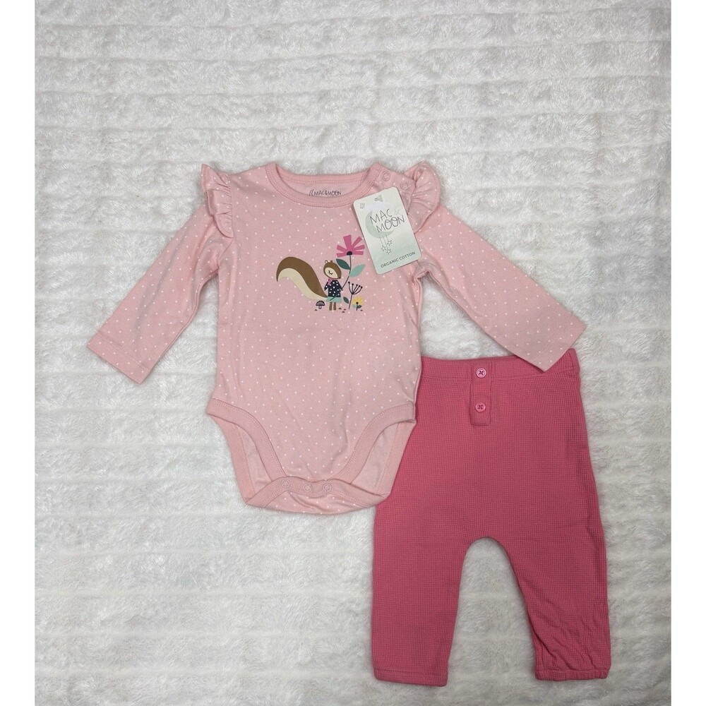 Mac & Moon Outfit Baby Girl 6M Pink Squirrel Organic Cotton 2PC NWT